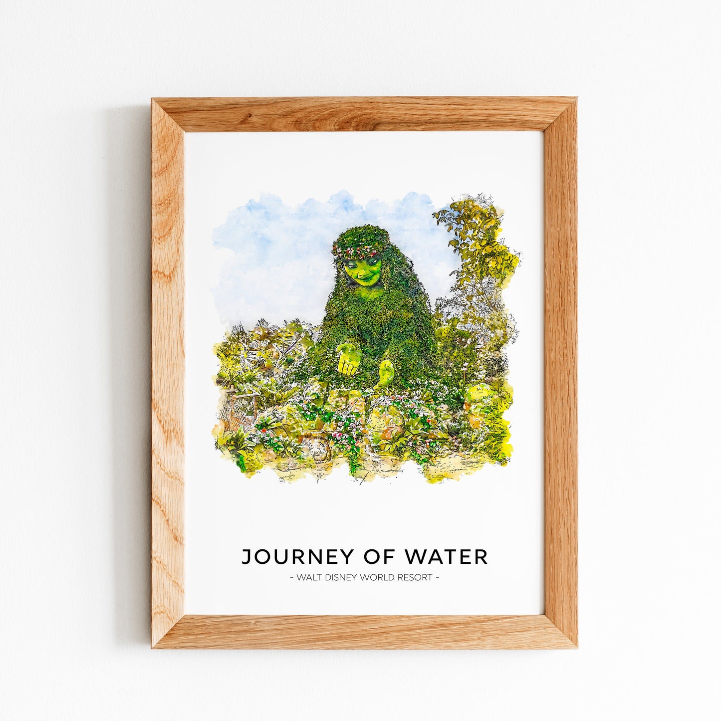 A framed print featuring a colorful illustration inspired by the Disney movie 'Moana', with a stylized character depicted in a lush green setting.