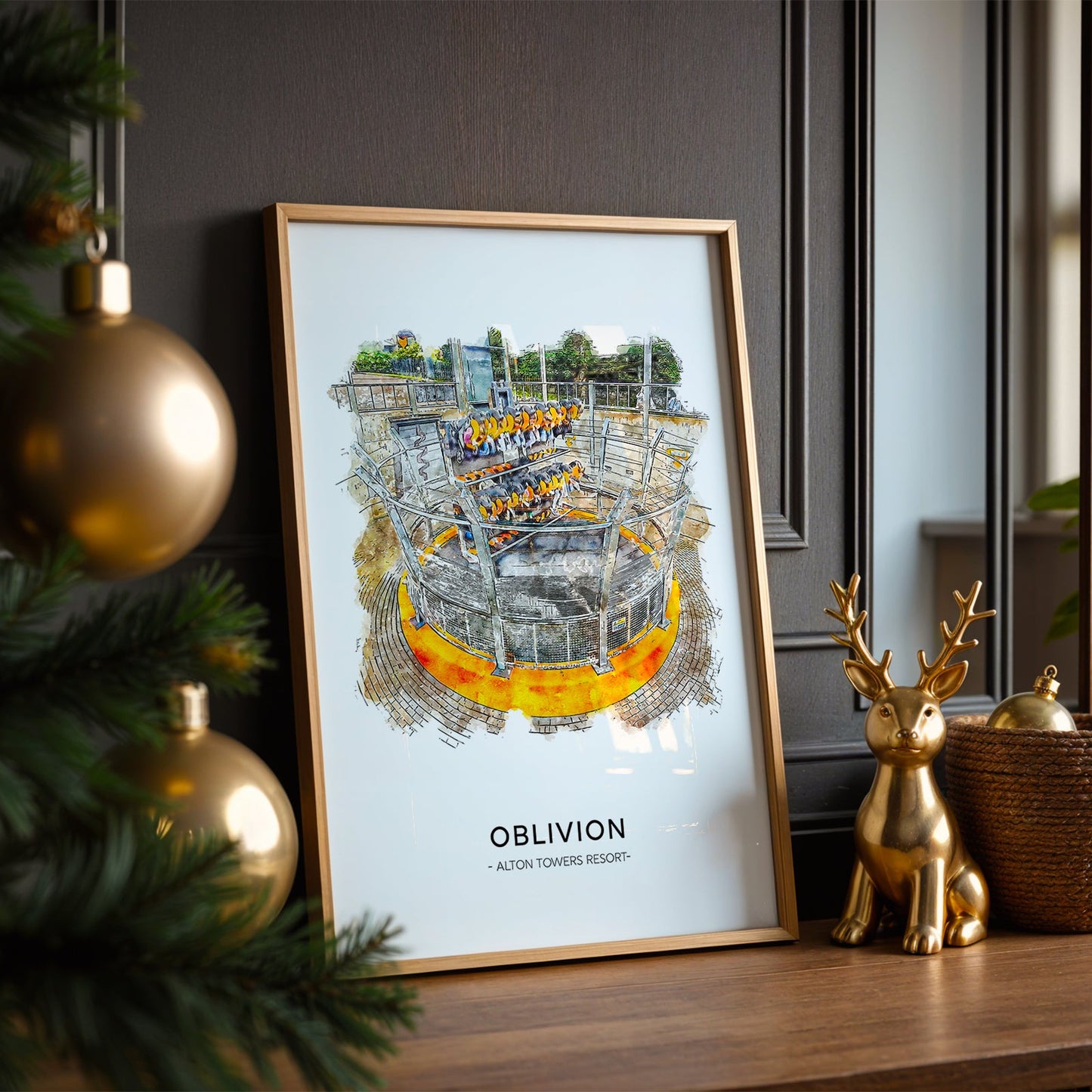 Framed artwork of the 'Oblivion' attraction at Alton Towers with a festive background
