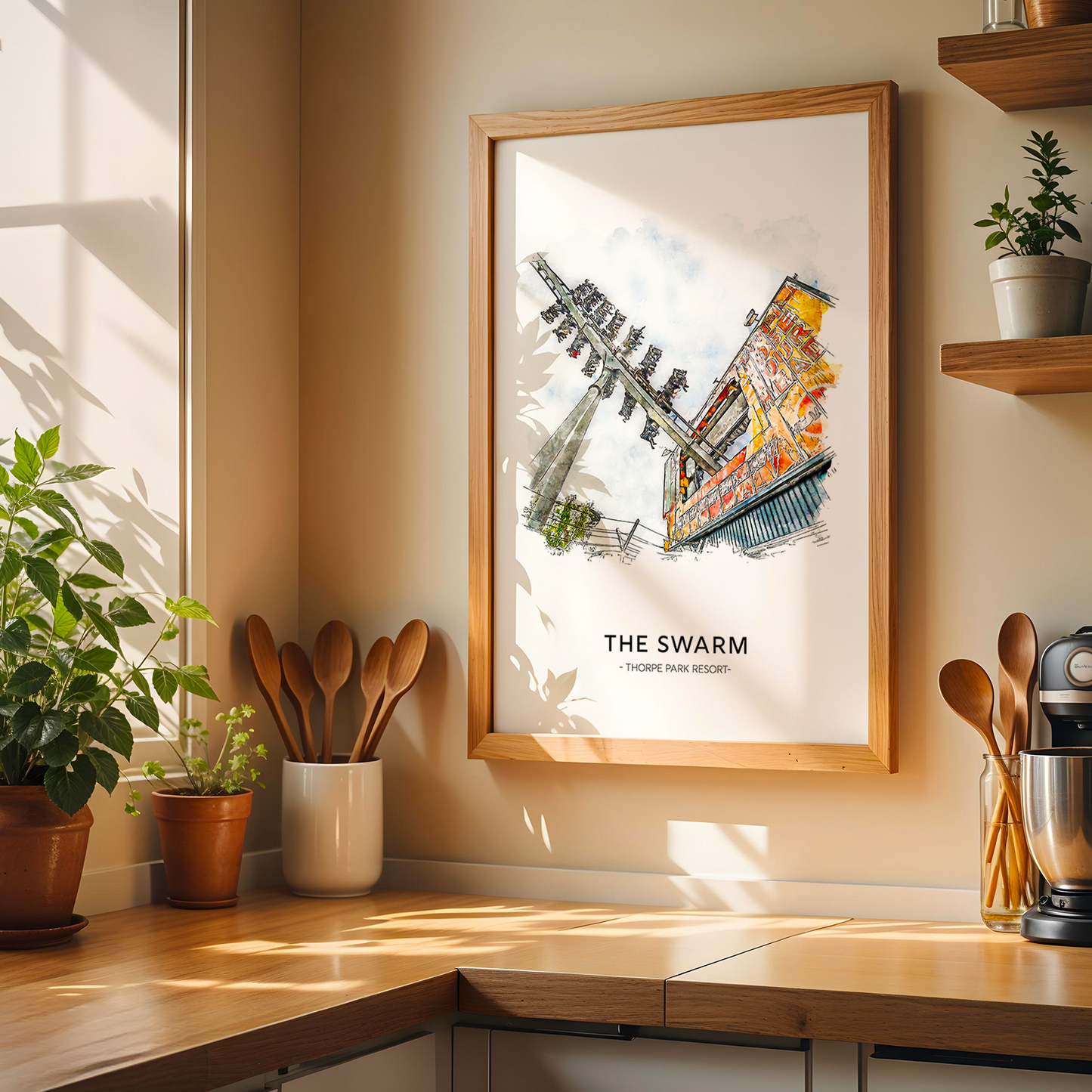 Kitchen corner with a framed picture, plants, and kitchen utensils.