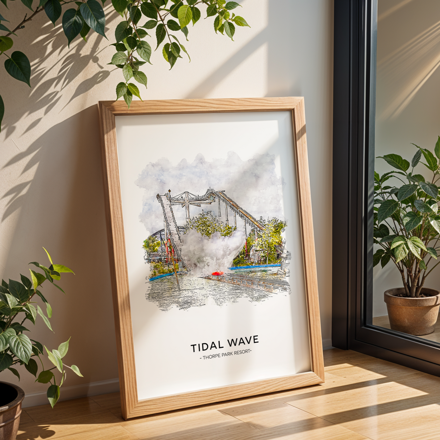 Framed artwork titled 'Tidal Wave' on a wall with plants and a window in the background