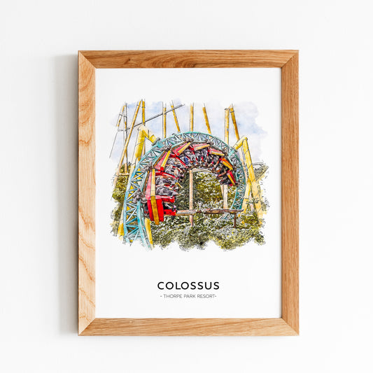 Framed artwork of a roller coaster named 'Colossus' by Thorpe Park Resort on a white background.