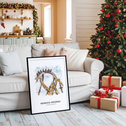 Framed artwork titled 'Nemesis Inferno' in a living room with Christmas decorations.
