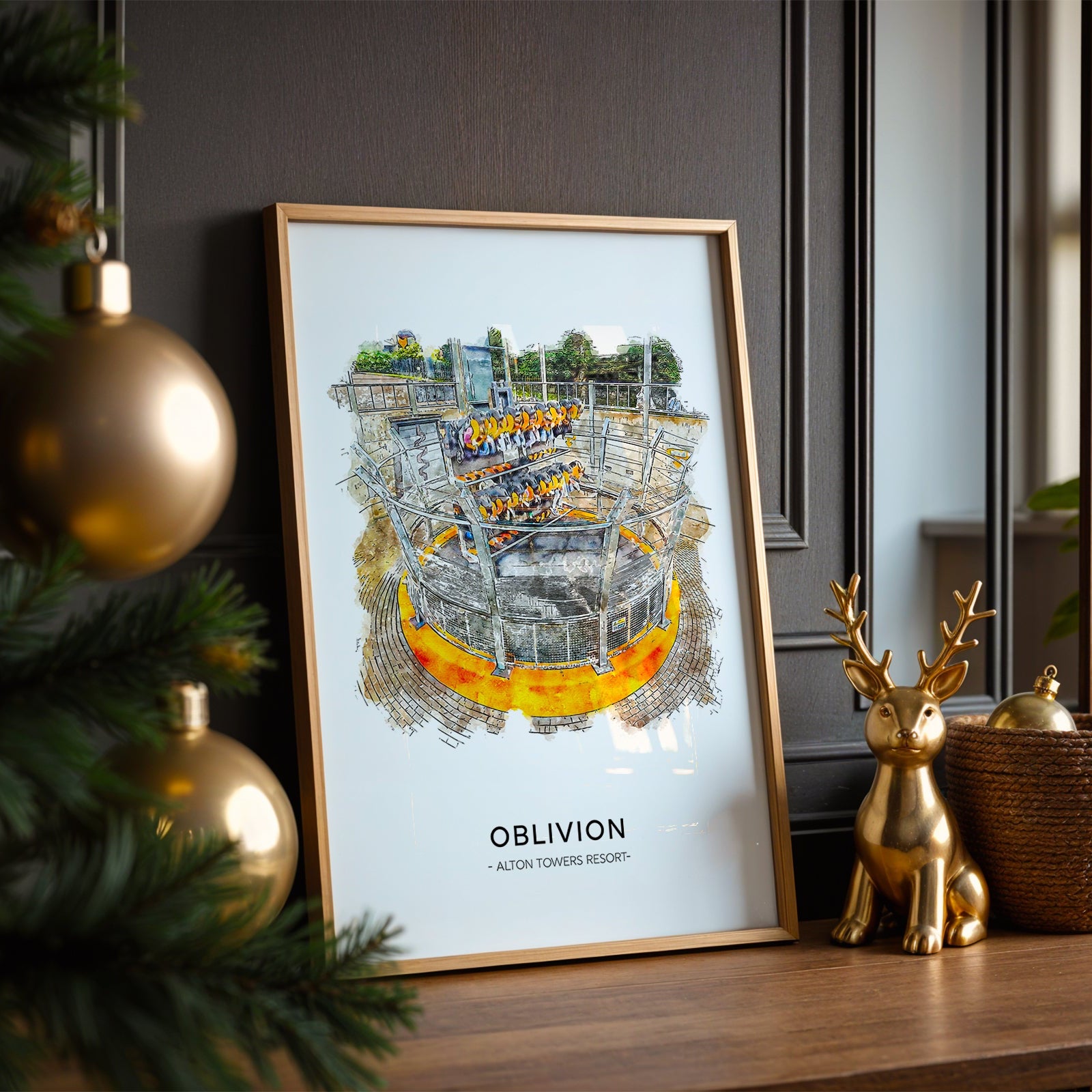 Framed artwork of the 'Oblivion' attraction at Alton Towers with a festive background