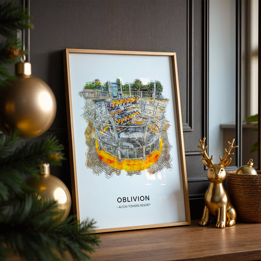 Framed artwork of the 'Oblivion' attraction at Alton Towers with a festive background