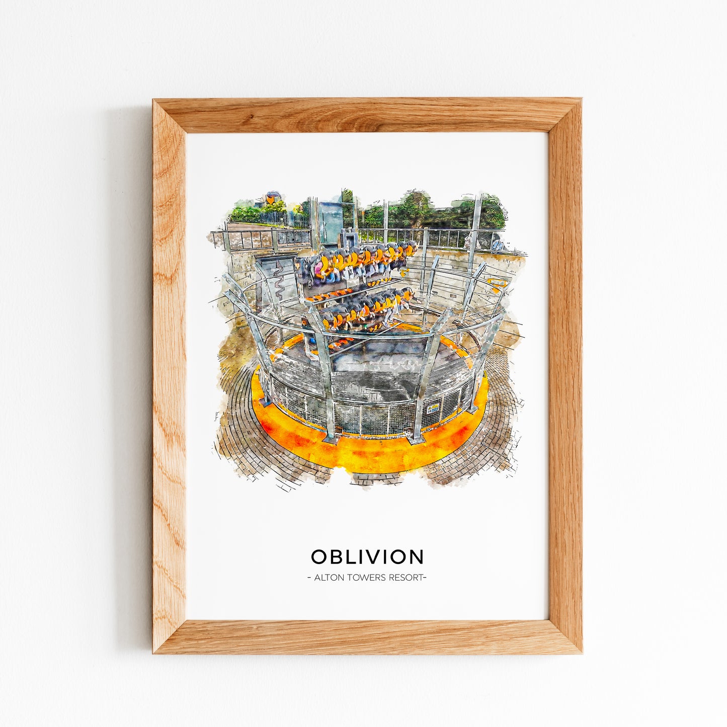 Framed artwork of the 'Oblivion' attraction at Alton Towers with a white background