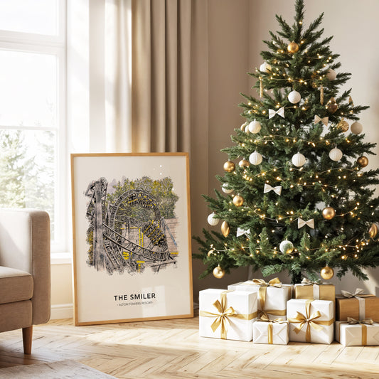 Framed artwork of 'The Smiler' roller coaster with wooden frame with a festive background