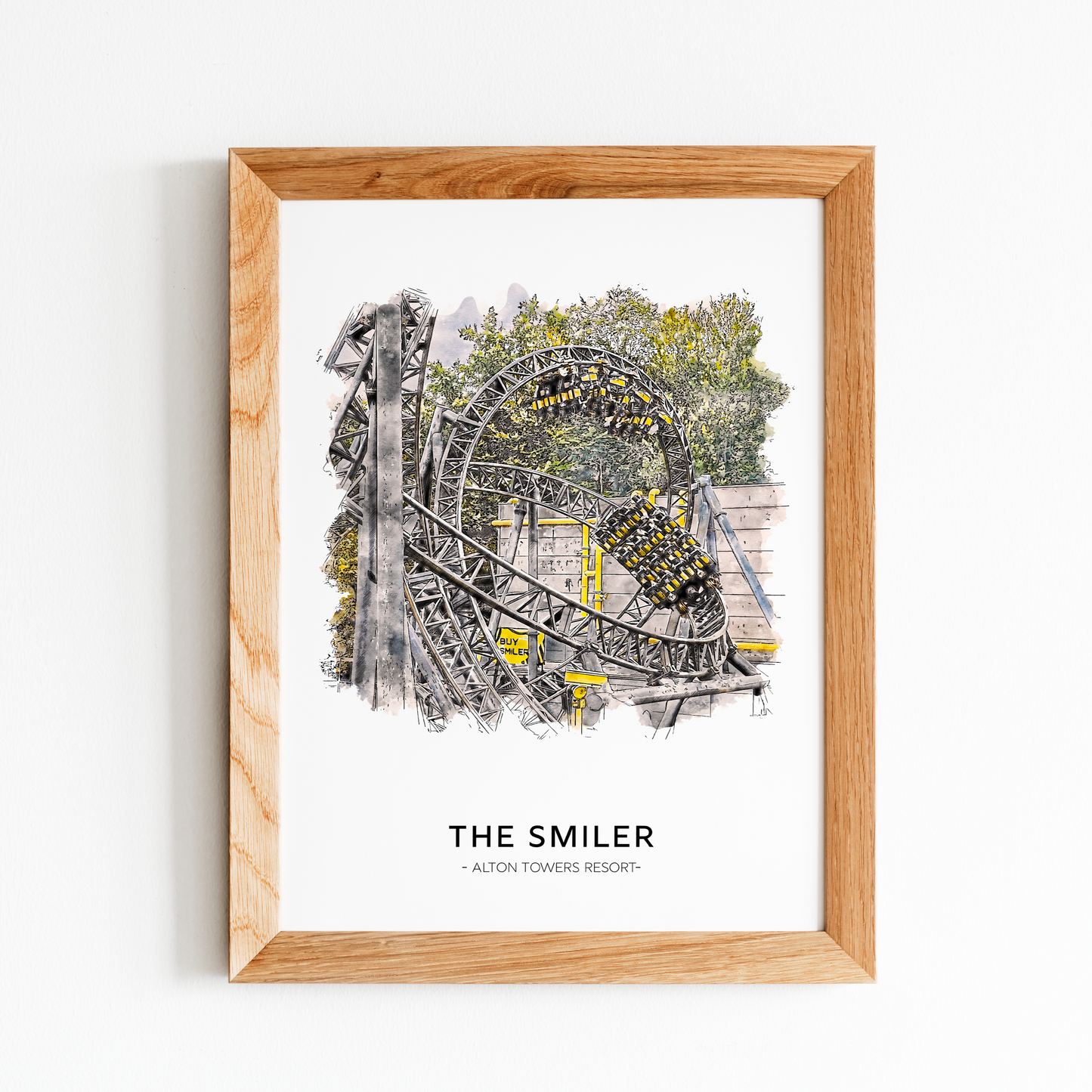 Framed artwork of 'The Smiler' roller coaster with wooden frame on white background