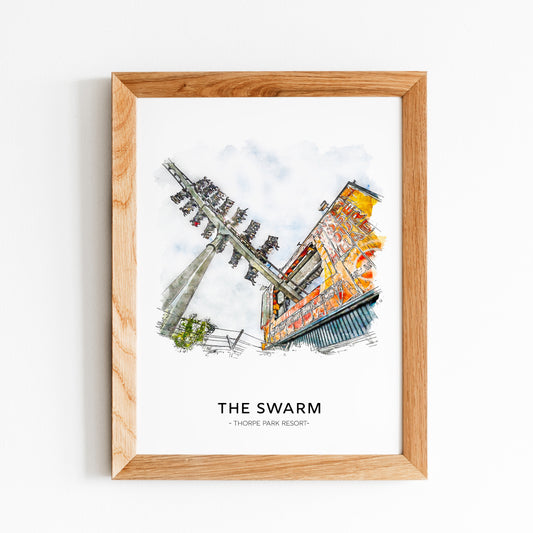 Framed artwork titled 'The Swarm' by Thorpe Park Resort on a white background