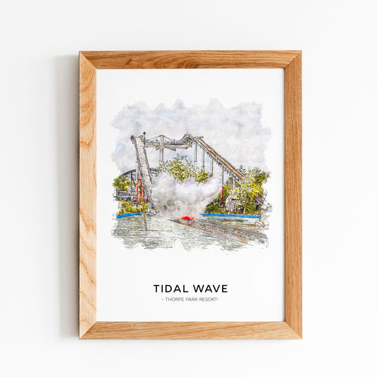 Framed artwork titled 'Tidal Wave' by Thorpe Park Resort on a white background