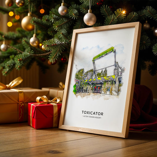 A framed image of the "Toxicator' attraction with a festive background